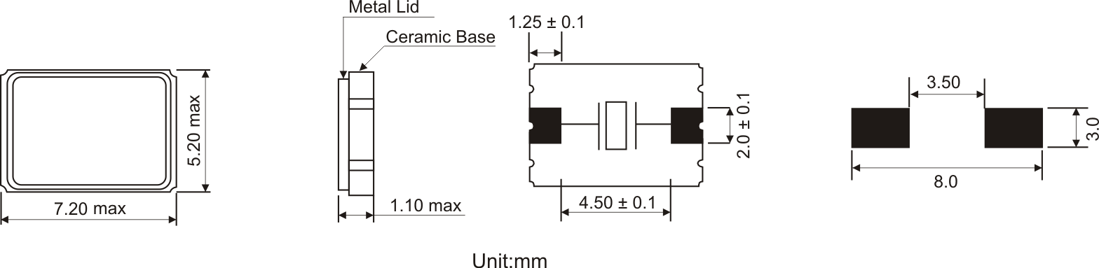 SMD QUARZ 7,0 x 5,0 mm 6.0 - 150.0MHz 