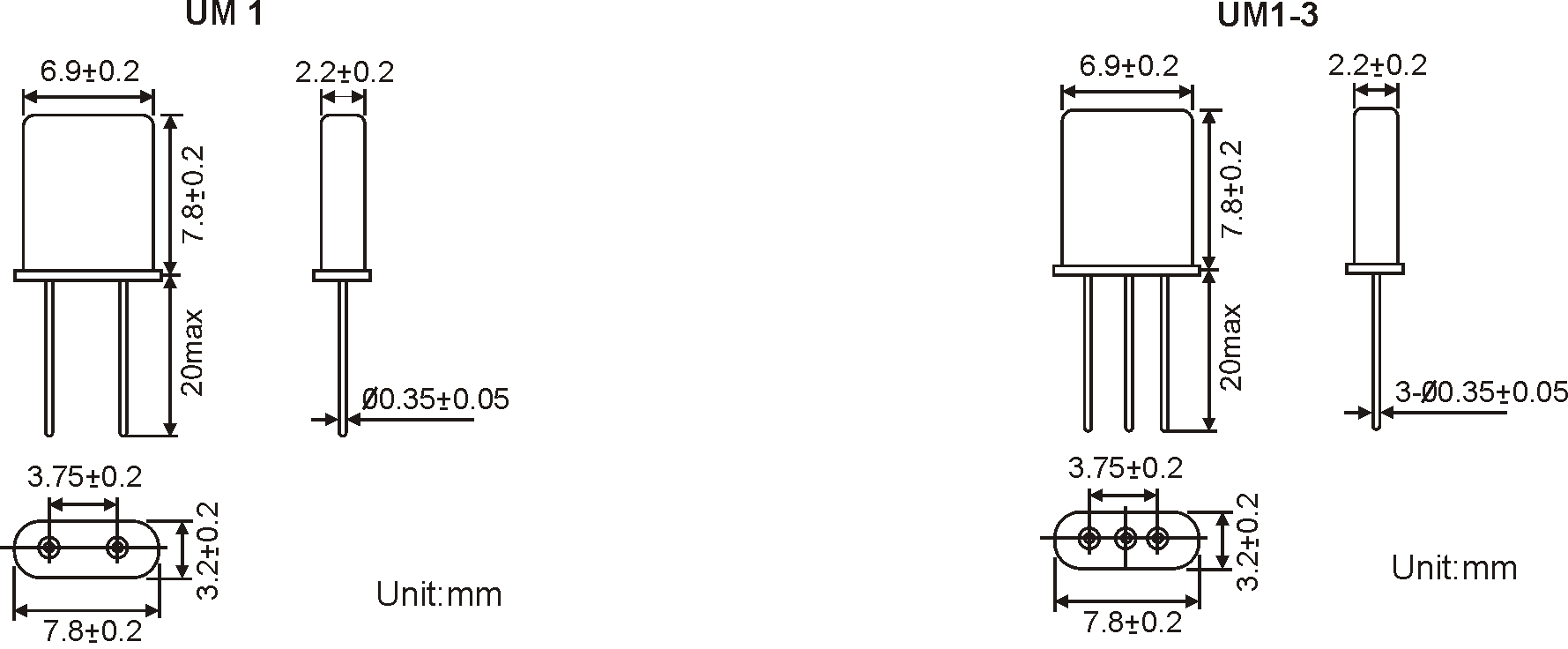 THT QUARZ UM1 8,0 x 3,1 mm 3.5 - 200.0MHz 